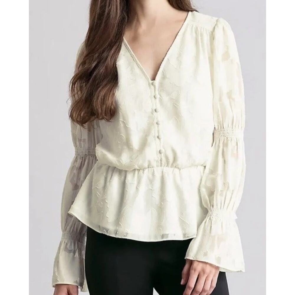 Elizabeth and James Ivory Floral Textured Peplum Bell Sleeve Blouse Size XS
